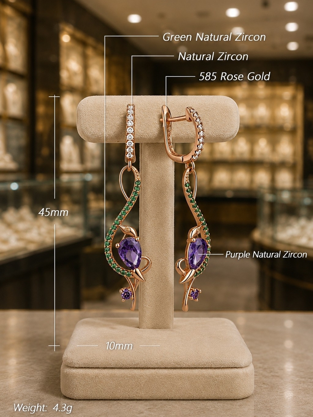 585 Rose Gold Plated Green & Purple Zircon Drop Earrings - Elegant Women Jewelry